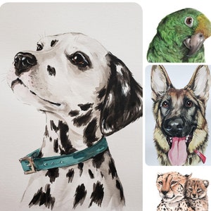 May include: A watercolor painting of a Dalmatian dog with a teal collar, a German Shepherd dog with a pink tongue, a green parrot, and two cheetahs.