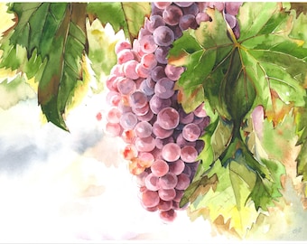 オリジナル水彩画「ブドウの木」9インチ×12インチ - Etsy 日本