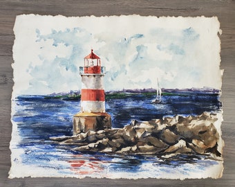 Faro 16x12" Dipinto ad acquerello originale fatto a mano