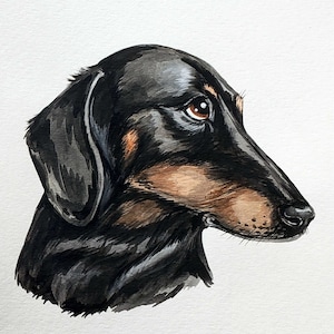 May include: Watercolor painting of a black and tan dachshund looking to the right. The dog has a black nose and brown eyes.