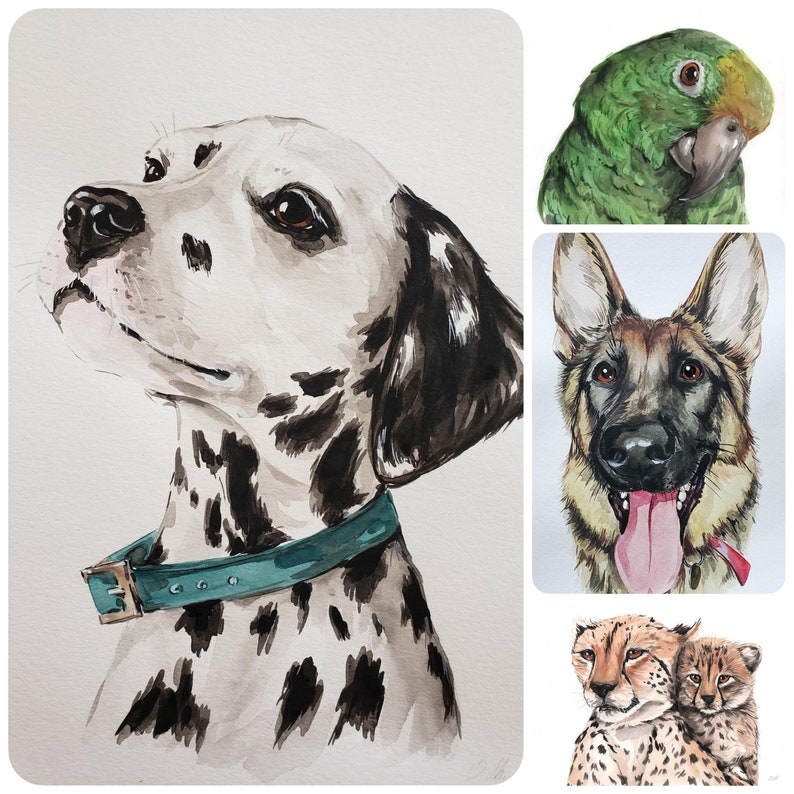 May include: A watercolor painting of a Dalmatian dog with a teal collar, a German Shepherd dog with a pink tongue, a green parrot, and two cheetahs.