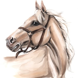 May include: Watercolor painting of a light brown horse with a brown leather halter. The horse is looking to the left and has a long, flowing mane.