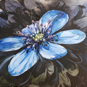 Blue Flower on a Black Background Original Watercolor Painting Handmade 5x7"