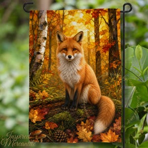 May include: A rectangular garden flag featuring a vibrant autumn forest scene with a red fox sitting on a mossy log. The fox has white chest fur and a bushy tail with a white tip. The background displays birch trees and golden orange foliage.