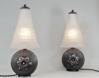 MULLER FRERES : a pair of French 1930 Art Deco lamps .............. wrought iron lamp glass 1925 daum era schneider degué chandelier sconces