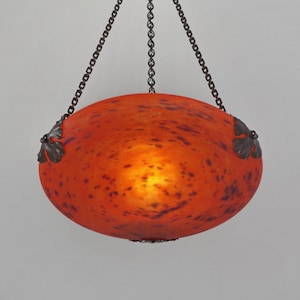 SCHNEIDER : French 1930 art deco pendant in wrought iron and colored glass .......... chandelier muller era 1925 daum degué wall sconce lamp