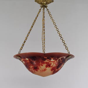 Galle : large French Art Deco pendant light . 1920s floral cameo glass & bronze chandelier