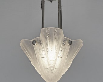 MULLER FRERES & PETITOT : 1930 French Art Deco chandelier nickeled bronze molded pressed glass ...... pendant lamp degué era daum schneider