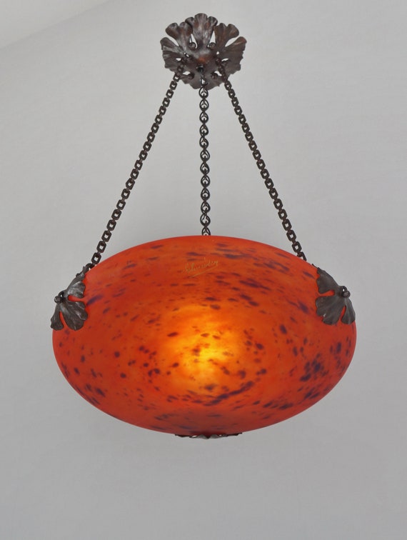 Schneiderシュナイダー装飾的シャンデリア 5灯 オレンジアンティーク SCHNEIDER : French 1930 Art Deco Pendant in Wrought Iron and