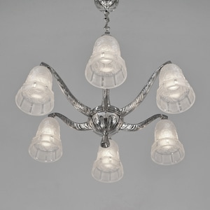 HETTIER & VINCENT: French 1930 Art Deco chandelier . nickeled bronze and moulded  pressed glass .. lamp muller daum era 1925 degué schneider