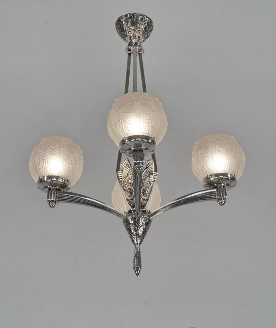 L. VANDAMME : French 1930 Art Deco chandelier