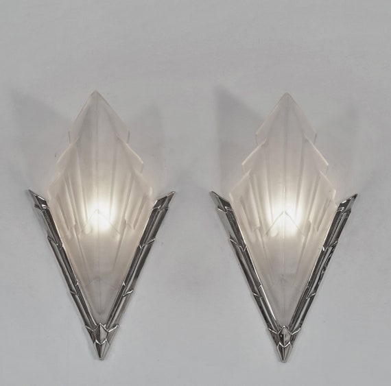 Degue Pair Of French 1930 Art Deco Wall Sconces Nickeled Etsy