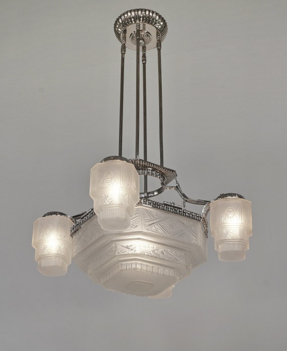 GEORGES LELEU a Large French 1930 Art Deco Chandelier