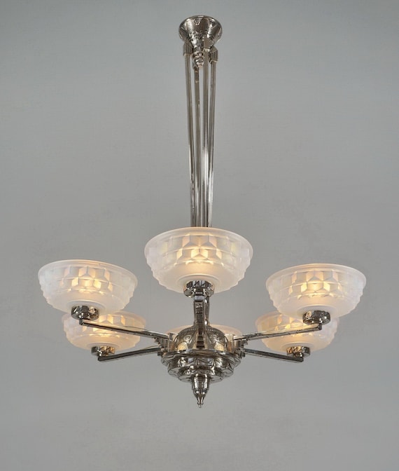 1930s ART NOUVEAU SOLID BRASS CHANDELIER W GLASS SHADES 3 1930s ART NOUVEAU SOLID BRASS CHANDELIER W GLASS SHADES 3
