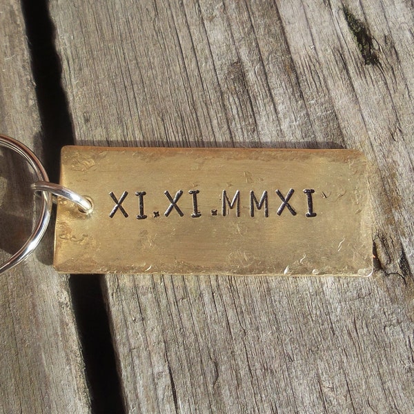 Roman Numerals Solid Brass valentines Gift Golden 21st Wedding Anniversary Gift For Him Her Men Husband Wife Engagement PERSONALIZED Keyring