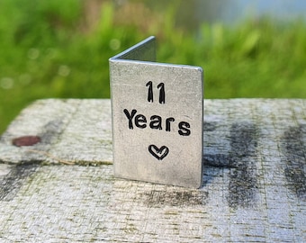 Handmade 11th Anniversary Mini Metal Card: Personalized Stamped Initials