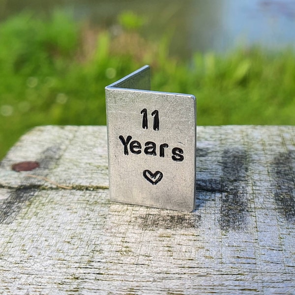 11 Years Hand Stamped Miniature Anniversary Card 11th Wedding Anniversary Tiny Metal Card Hand Stamped Crafted Personalised Husband Wife