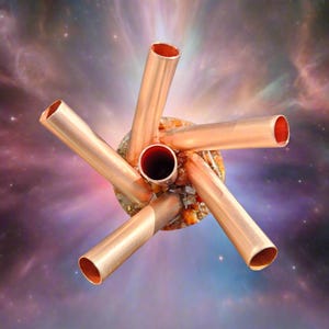 May include: A copper pipe sculpture with five arms radiating out from a central point. The sculpture is made of copper pipes that are joined together at the center. The sculpture is set against a background of a nebula.