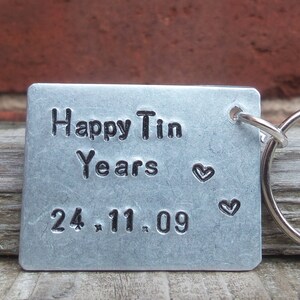 Handmade Tin Anniversary Keyring: Personalized 10 Year Gift