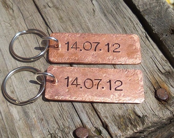 Pair of PERSONALISED DATE Keyrings Birth Wedding 7th 22nd Anniversary Gifts For Men Her COPPER Engagement Wife Husband Boyfriend Girlfriend