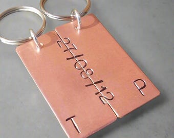 Copper Keychain Set Personalised Keyring Pair Birthday 7th 22nd Wedding Anniversary Gift For Him Her Husband Wife Boyfriend Girlfriend