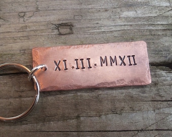 Roman Numerals Solid Copper Wedding Anniversary Gift Keychain Hand Stamped Husband Wife New Baby Engagement PERSONALISED Memorial Keyring