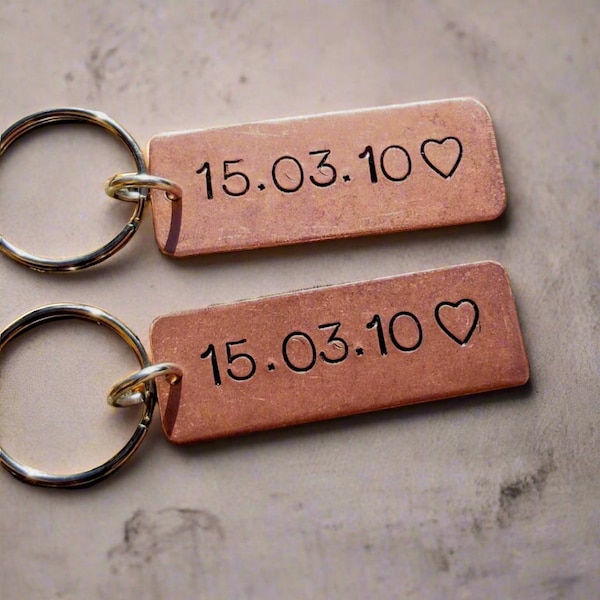 PAIR Of PERSONALISED Keyrings 7th Wedding Anniversary Gifts For Men Women Keychain Birthday COPPER Engagement Wife Husband Set Of Two 2