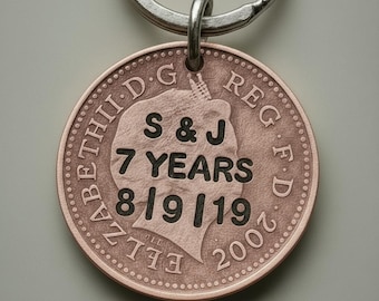 Personalised Copper 7th Wedding Anniversary Gifts Keyring Husband Wife Pocket Coin 1p Keychain Love Handmade Stamped Cute Lucky Penny