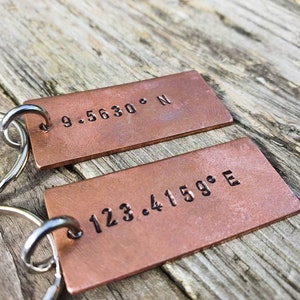 Copper Coordinates Keyrings Set of 2 Anniversary Gifts Personalised 1st Date Special place Boyfriend Girlfriend Keyring GPS Geocache Husband