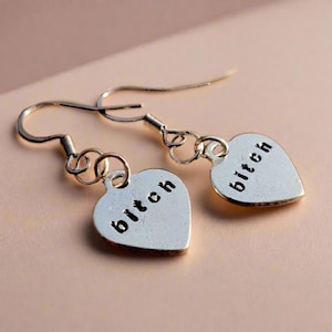 Silver BITCH Earrings Alternative Jewelry Dangle Drop Fashion Jewellery Accessories Gifts For Her BFF Girlfriend Heart Christmas Friend Joke