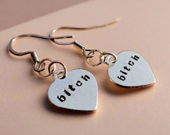 Silver BITCH Earrings Alternative Jewelry Dangle Drop Fashion Jewellery Accessories Gifts For Her BFF Girlfriend Heart Friend Birthday