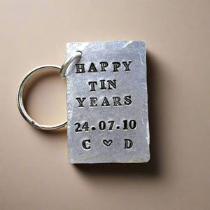 Handmade Tin 10th Anniversary Keyring: Personalized Date & Initials