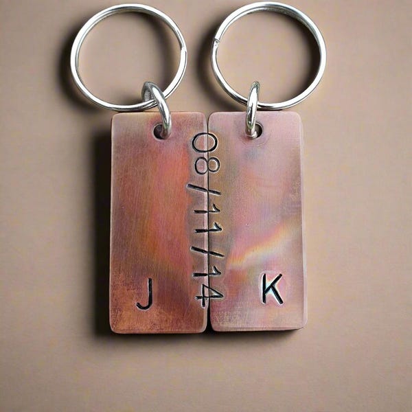 Personalised Keychain Set Of 2 Hand Stamped Gifts For Him Her Husband Wife Matching Keyring His And Hers Bronze Gifts