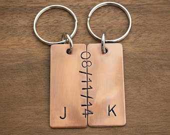 Personalised Keychain Set Of 2 Hand Stamped Gifts For Him Her Husband Wife Matching Keyring His And Hers Bronze Gifts
