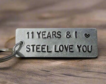 11 Years And I STEEL Love You Keyring 11th Wedding Anniversary Gifts For Men Him Women Husband Wife Keychain Love Gift Keyring Traditional