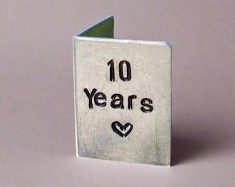 10 Years Handmade Miniature Greetings Card 10th Wedding Anniversary Tiny Metal Hand Stamped Tin Personalised Husband Wife Aluminium Book