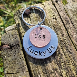 Lucky Us Hand Stamped Penny Keyring Husband Wife Gifts For Him Her 7th Wedding Anniversary 22nd Personalised COPPER 7 Years Cute Keychain