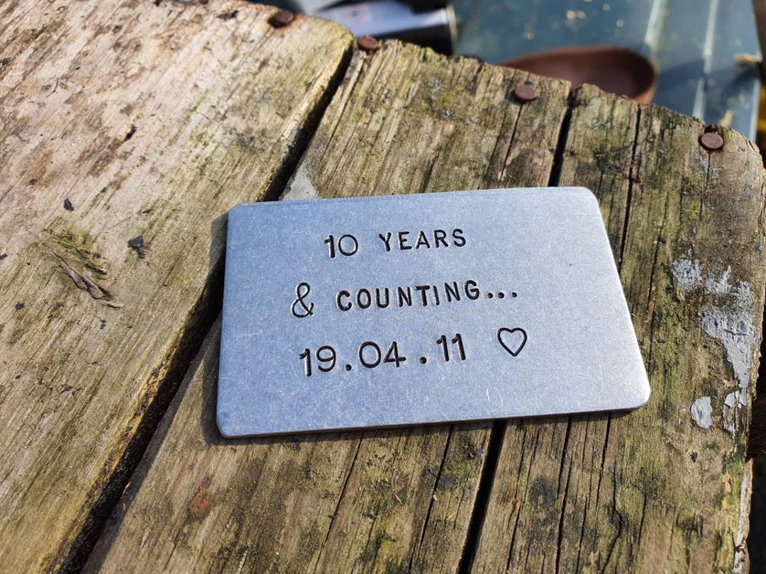 10 Years & Counting Wallet Insert Tin Aluminium Anniversary Gift for Men Him Her Wife Husband