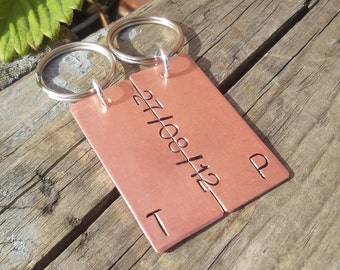 Personalized Solid Copper Keychain Set: Anniversary Initials & Date