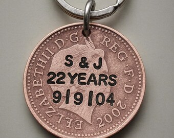 May include: A copper-colored coin keychain with a silver ring. The coin features the text "S & J 22 YEARS 9/9/04 2002" and an image of a profile. The keychain is a commemorative item.