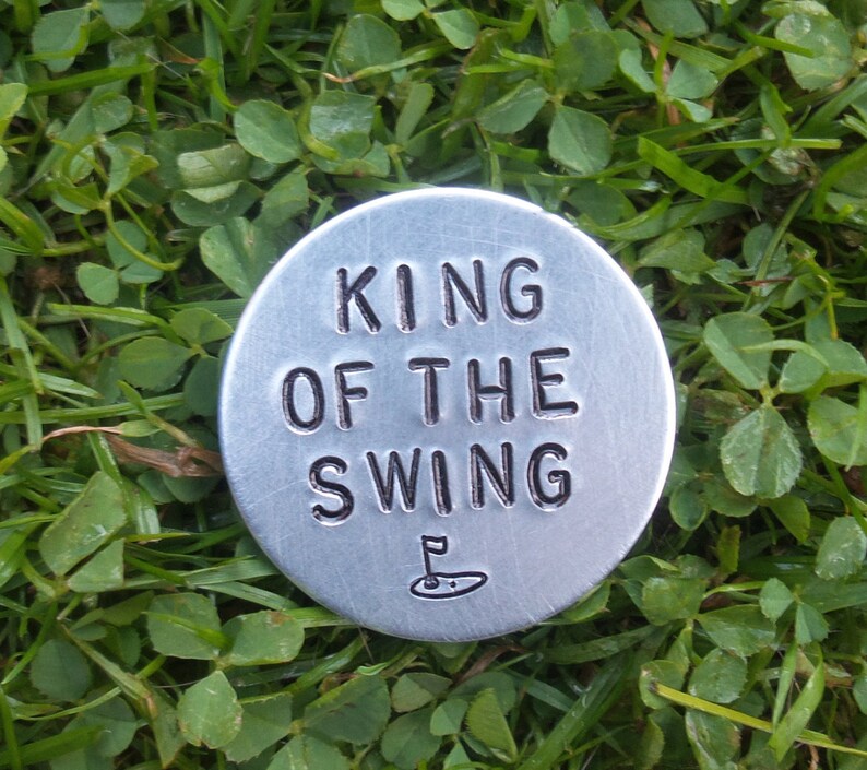 King Of The Swing Metal Golf Ball Marker For Him Anniversary Gifts Golfing Accessories Sports Gifts For Men Silver Pocket Coin Bespoke Club