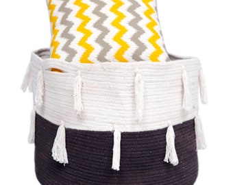 White & Grey , Extra Large Cotton Storage Basket (56cm x 36cm) - Woven with Handles, for Versatile and Rugged Use