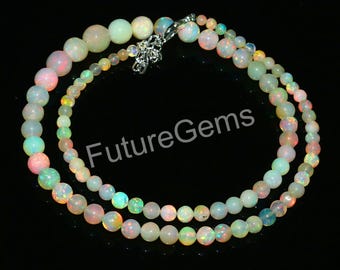 Ethiopian Opal Beaded Necklace: Natural Gemstone, 17 Inch Brass Chain