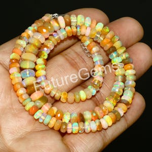 Natural Ethiopian Opal Bead Necklace: Multi-Color Rondelle Gemstone (17 Inch)