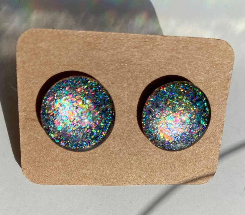 Glass Stud Earrings Rainbow Flakey Holographic Cabochon Handmade with Indie Polish
