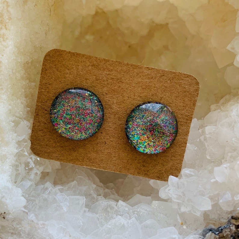Glass Stud Earrings Rainbow Flakey Holographic Cabochon Handmade with Indie Polish