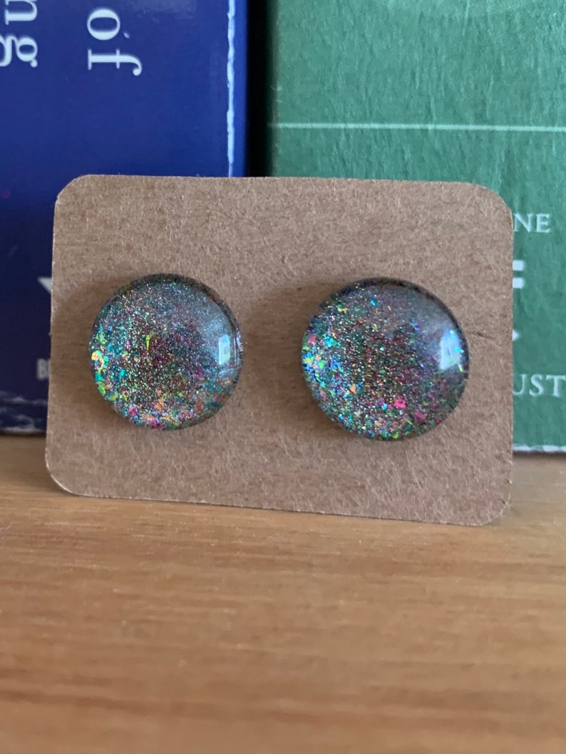 Glass Stud Earrings Rainbow Flakey Holographic Cabochon Handmade with Indie Polish
