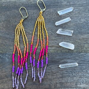 Sunset Brickstitch Seedbead Fringe Earrings with Amethyst