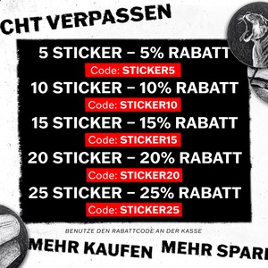 May include: Black and white graphic with text offering discounts on stickers. The text reads "5 Sticker - 5% off" to "25 Sticker - 25% off" with corresponding codes. The phrase "Don't miss out" is at the top.