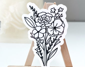 Flower Bouquet Black and White Vinyl Sticker, laptop sticker, water bottle, floral sticker